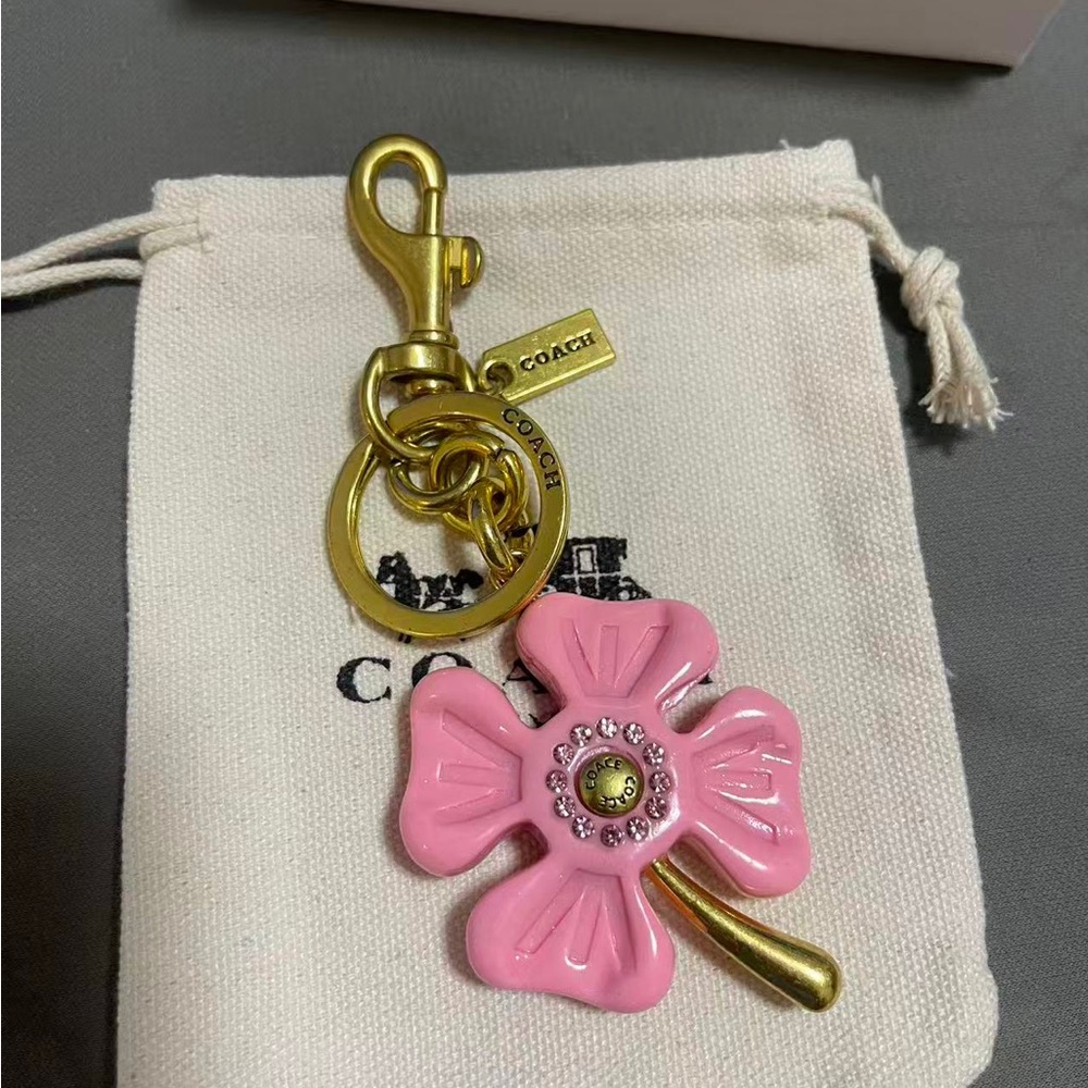 Coach Pink Flower Keyring with Gold Hardware